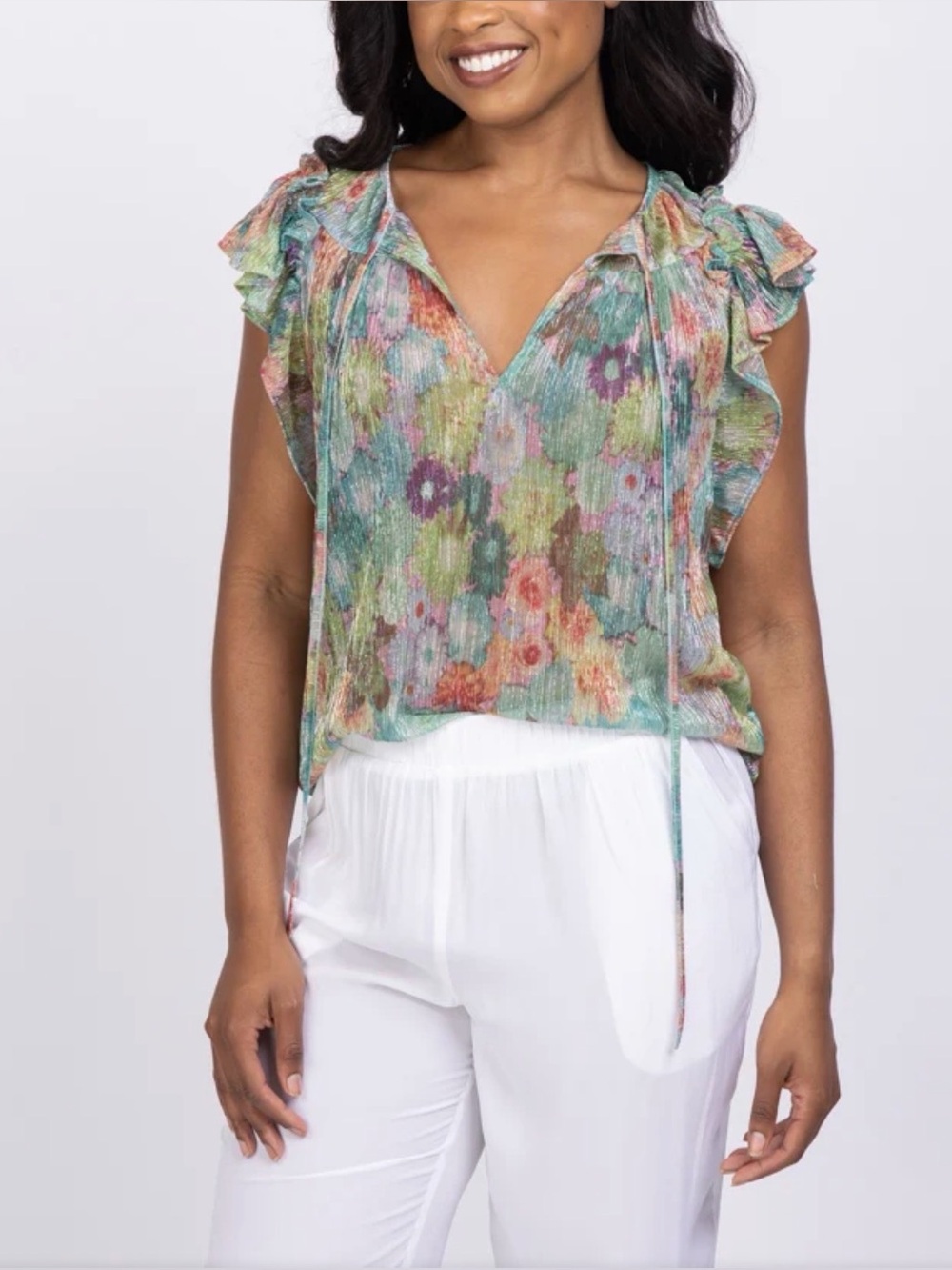NWOT Ramy Brook Hayven Flutter Sleeve Top Floral Ruffle Tie-Neck Small